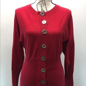 Anne Klein Red Cardigan Sweater Gold Buttons S Long Sleeve Fitted Cotton Blend